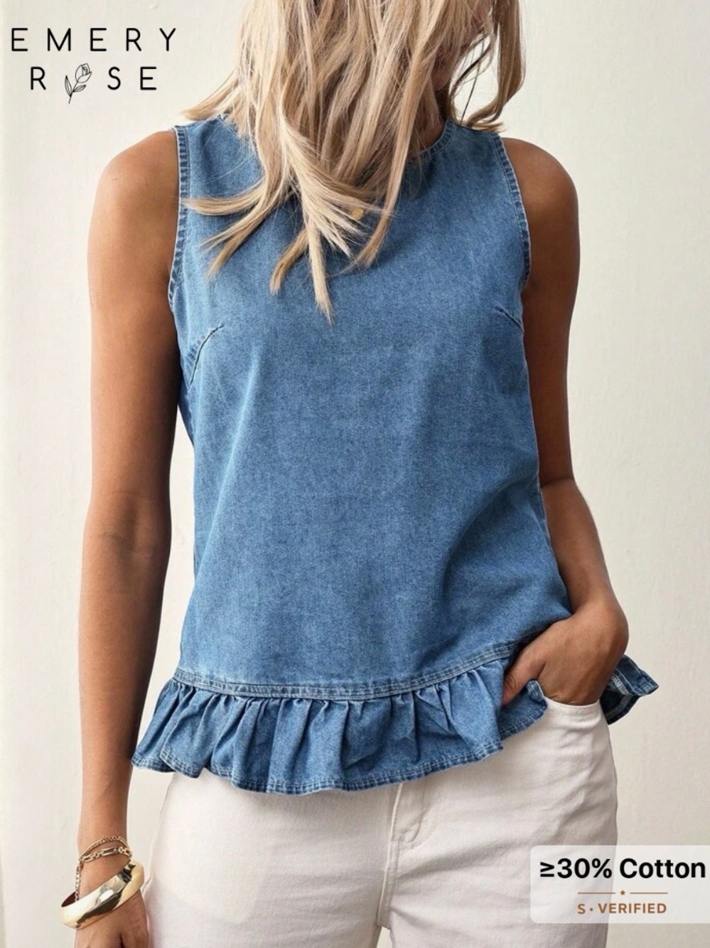 Emery Rose Blue Denim Ruffle-Hem Sleeveless Top.